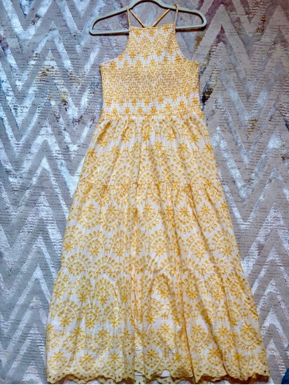 Simplee Apparel Embroidered Yellow & White Smocked Halter Maxi